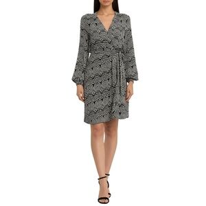 Bar III Mini Dress Black White Geometric Pattern V-Neck Wrap Modern Chic Boho S‎